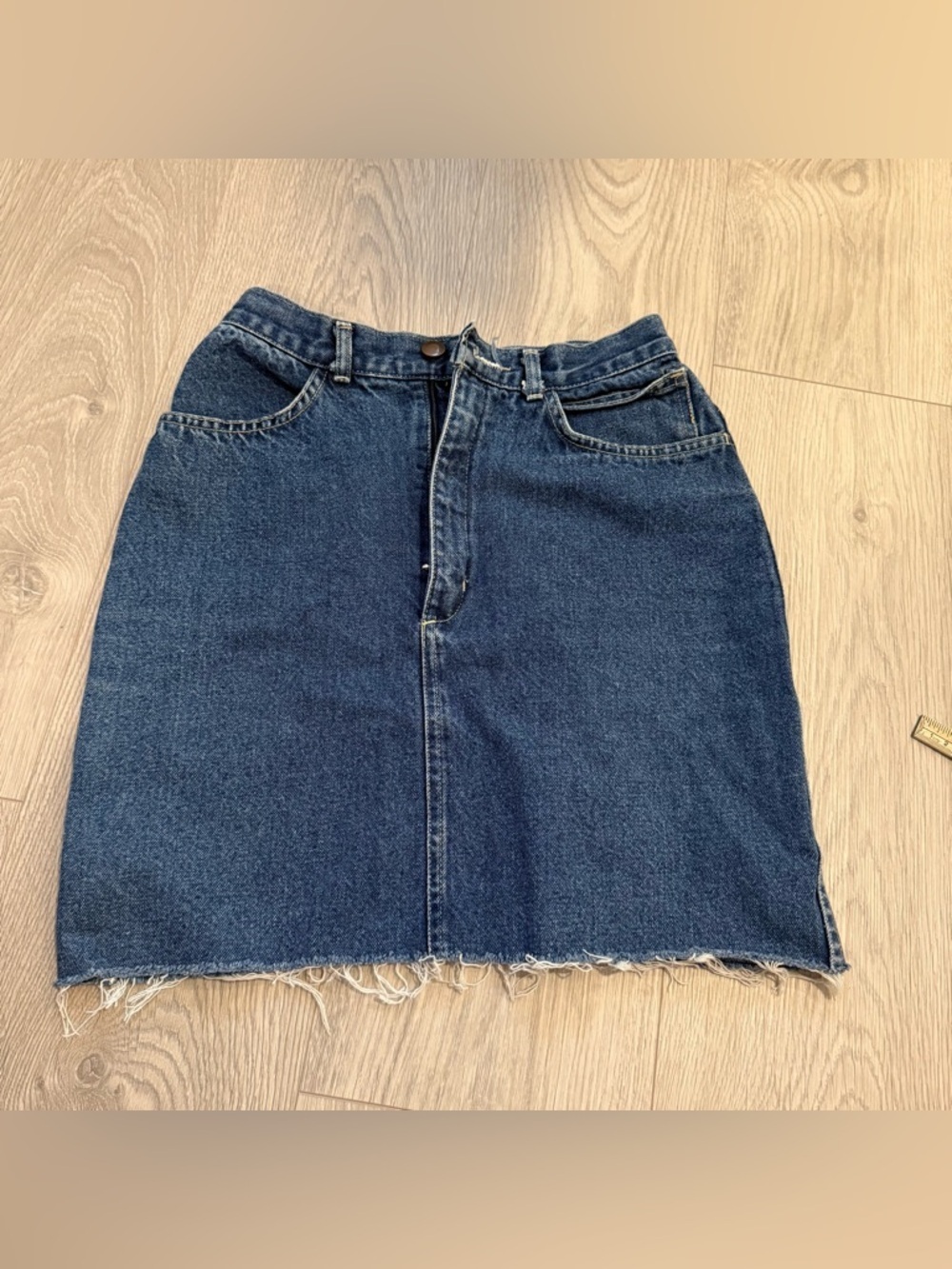 Raw-Hem Dark Blue Denim Mini Skirt